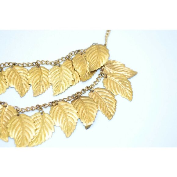Victorian Gold Brass Leaf Dangle Chain Link Bib - Picture 4 of 5
